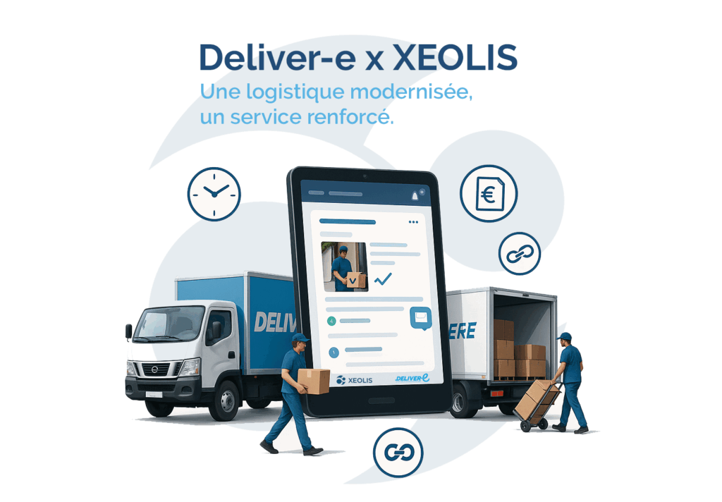 Collaboration entre Deliver-e et Xeolis montrant deux camions de livraison, des livreurs et une interface numérique du logiciel XEO TMS