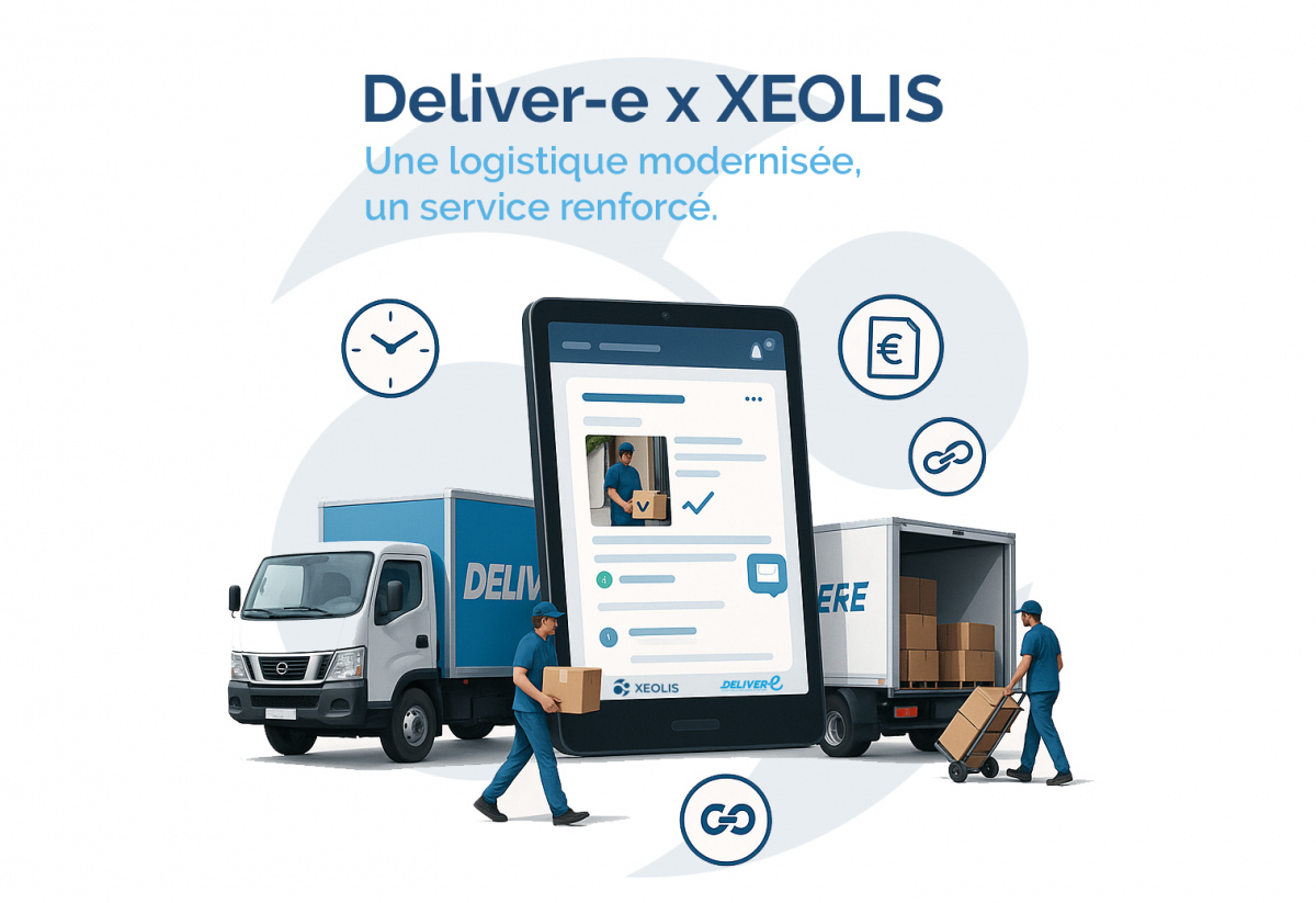 Deliver-e modernise sa logistique avec Xeolis et XEO TMS Collaboration entre Deliver-e et Xeolis montrant deux camions de livraison, des livreurs et une interface numérique du logiciel XEO TMS